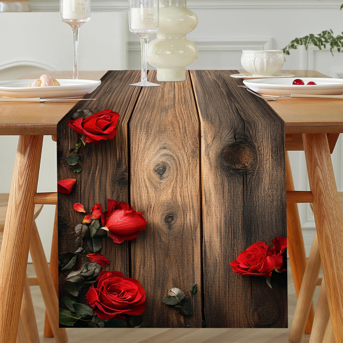 

Valentine's Day Love-themed Table Runner - Red Rose & Wood Grain Design, Polyester, Romantic Dinners & Home Decor