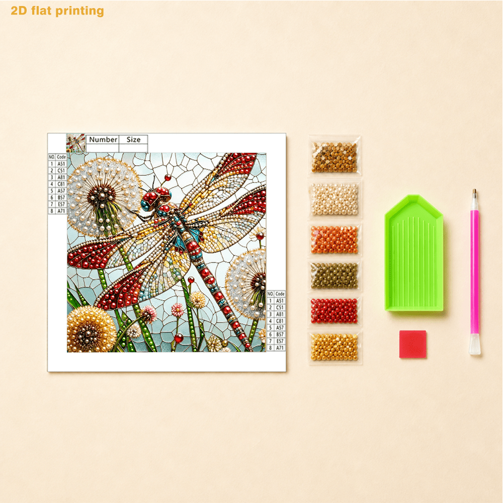 TEMU 2d Flat Printing, Pearl Art Kit - Stained Dragonfly And Dandelions Pattern, Includes Round Pearls, Sparkling Gems, Clear Symbols, Complete Tool
