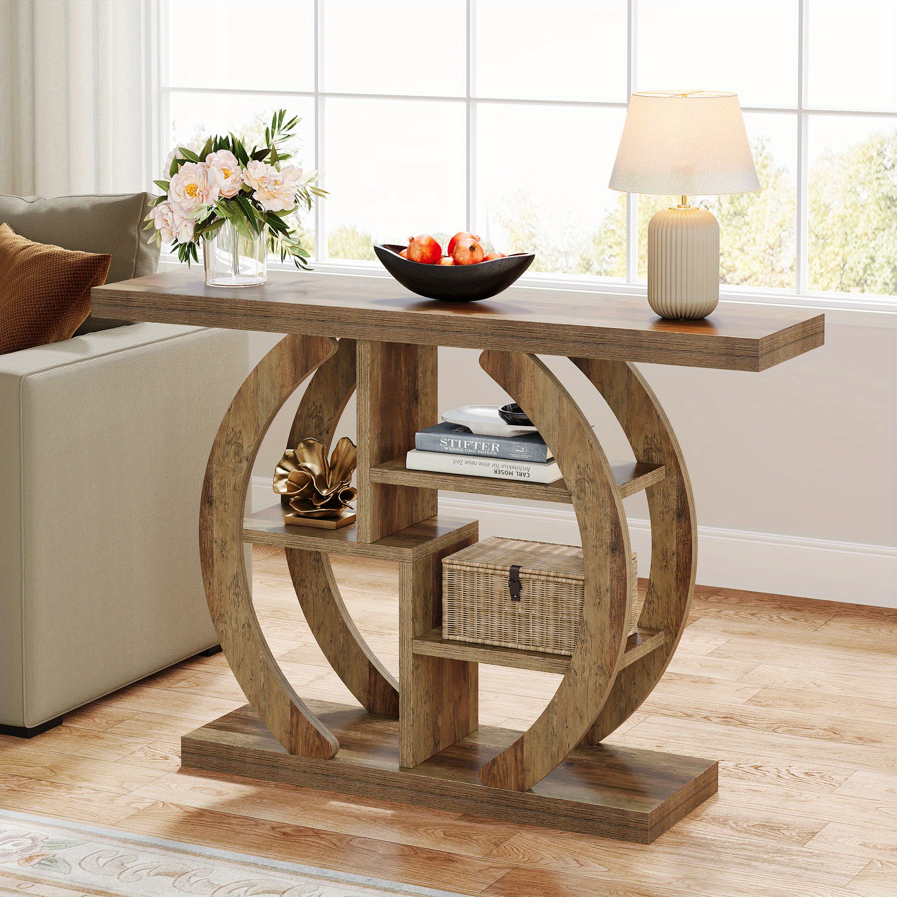Image of Console Table, 4-tier Farmhouse Wooden Sofa Table Behind Couch, 42.5-inch Narrow Entryway Hallway Foyer Tables For Living Room, Console Sofa Tables With Storage Shelves, Rustic Brown