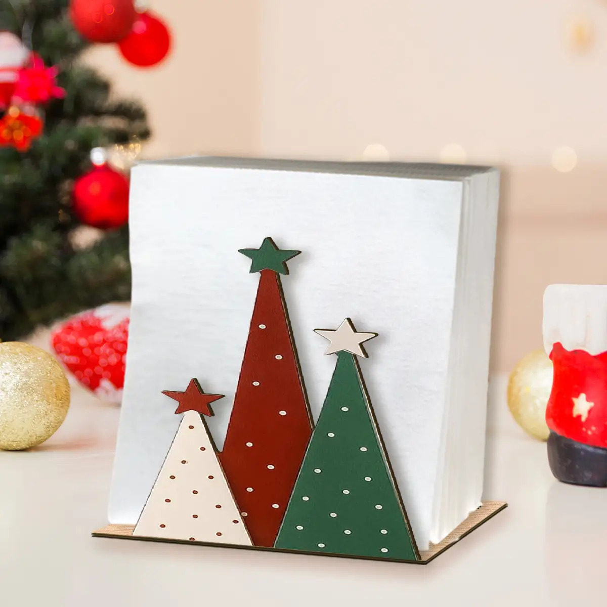 Image of 1 Vintage Christmas Table Centerpiece- Elegant Brown Wooden Napkin Holder With Green And Red Striped Design, Perfect For Dining Table, Kitchen, Bathroom Or Office Decoration, Christmas Table Ornament