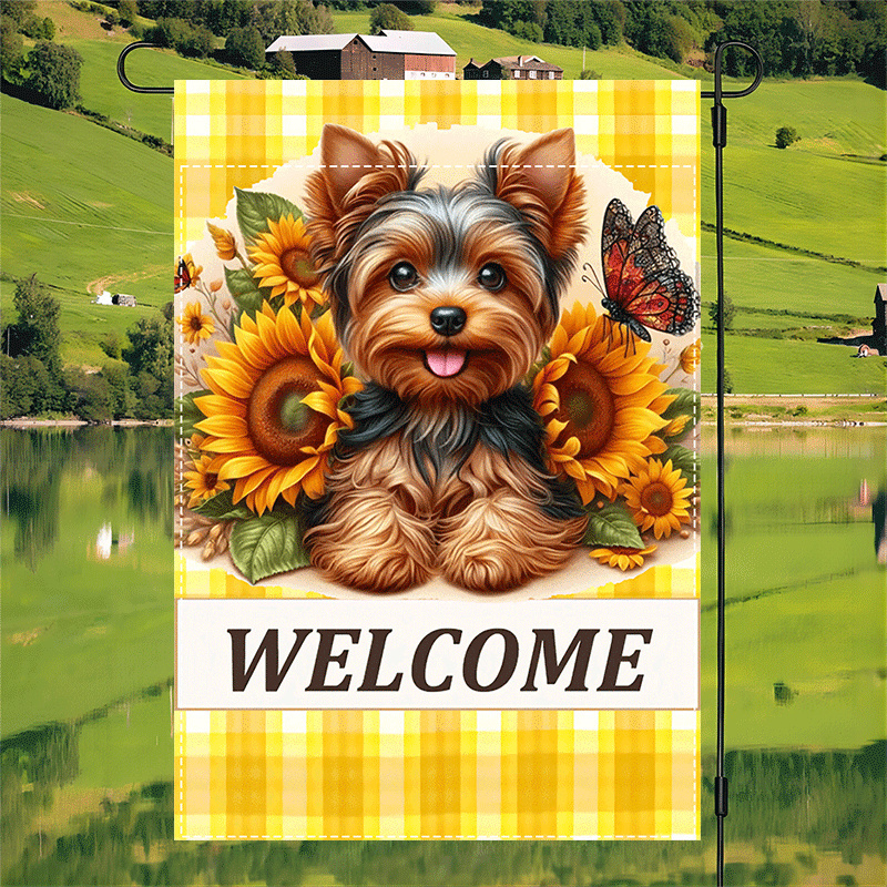 

1pc Yorkshire Terrier Dog Garden Flag - Double-sided Polyester Welcome Banner With Sunflower Design, Waterproof Indoor/outdoor Decor For Easter, Valentine's Day - 12x18 Inch