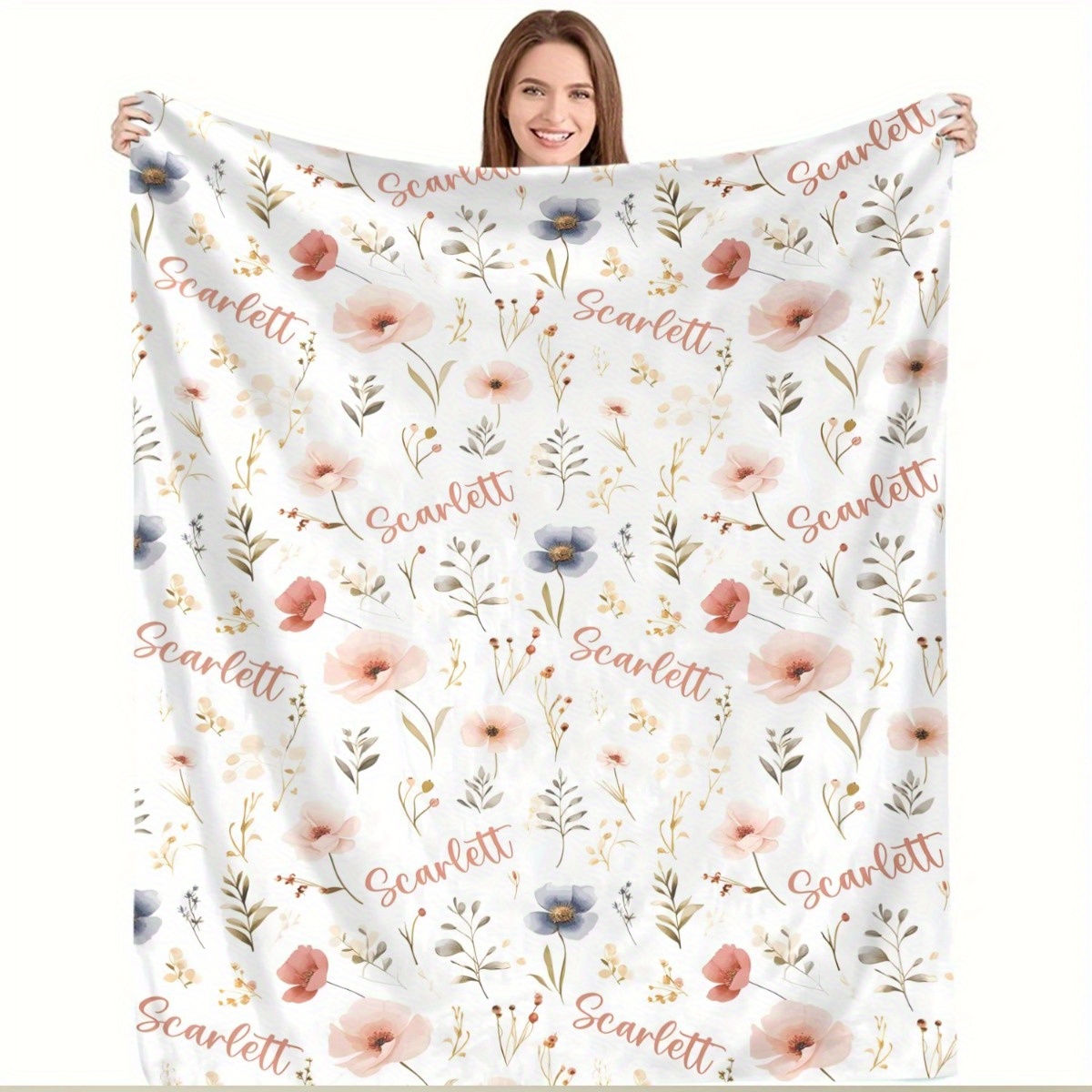 TEMU en flanelle rose à fleurs avec nom personnalisé et texte défini par l'utilisateur pour lit, chambre, canapé, couverture TV, 1 pièce