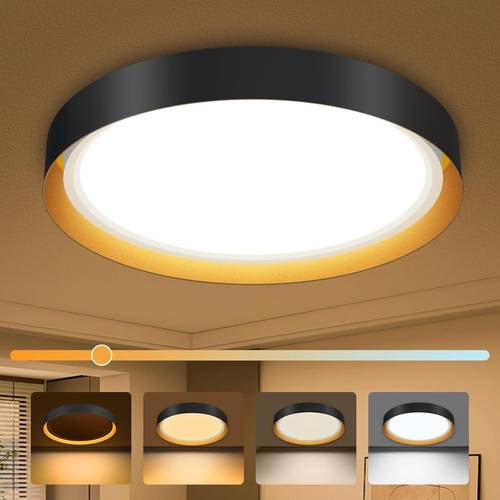 24w 13 inch led ceiling lamp featuring a night light option in 1800k 2700k 4000k and 6500 temperatures this matte black and golden flush mount light is suitable for indoor use in bedrooms bathrooms and kitchens