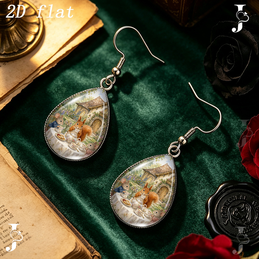 2D Flat Teardrop Dangle Earrings with Squirrel Pattern