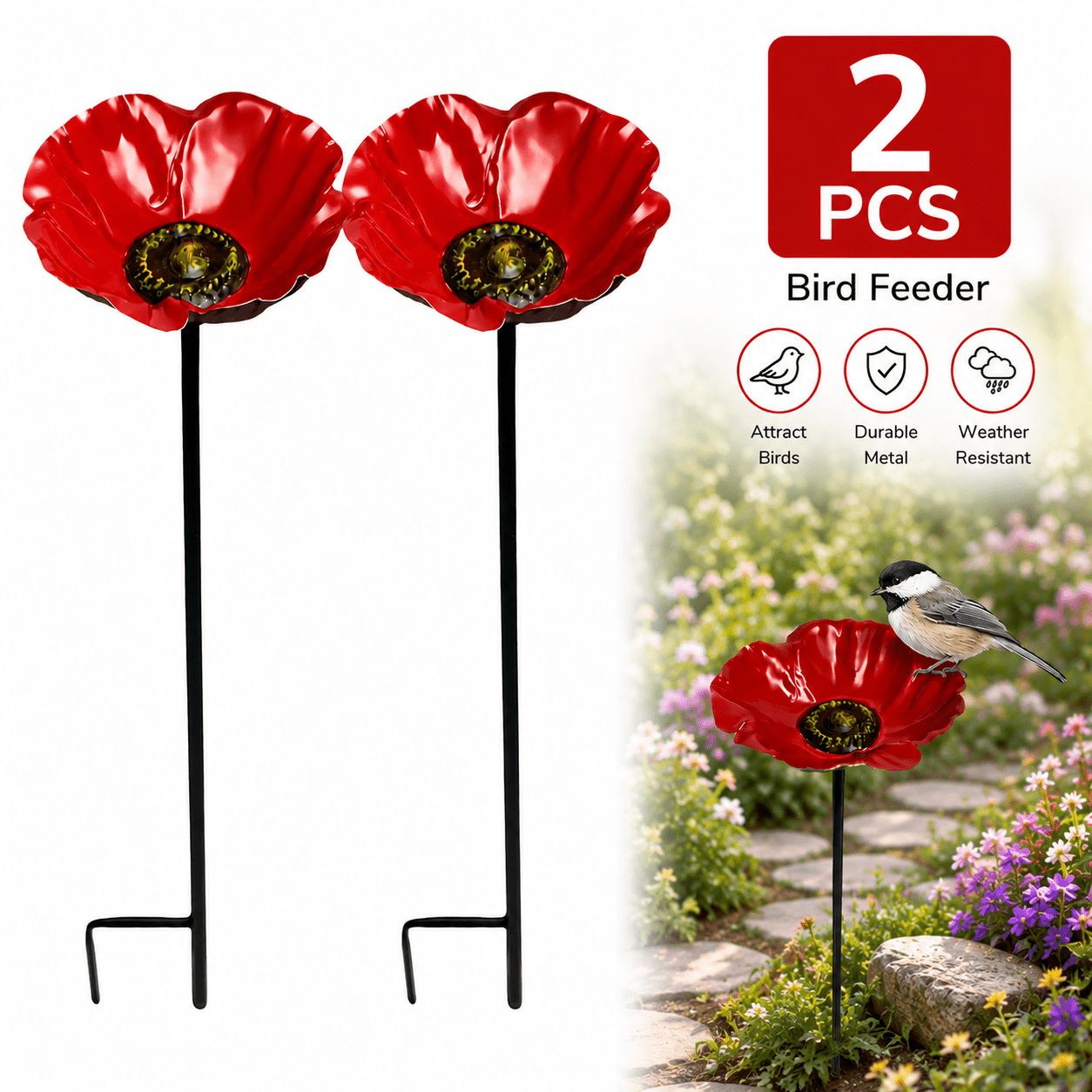 2pcs Metal Feeder Stakes For Outdoor Garden, Decorative Flower Bird Water Bowl, Weather Resistant Yard Lawn Patio Bird Feeding Station