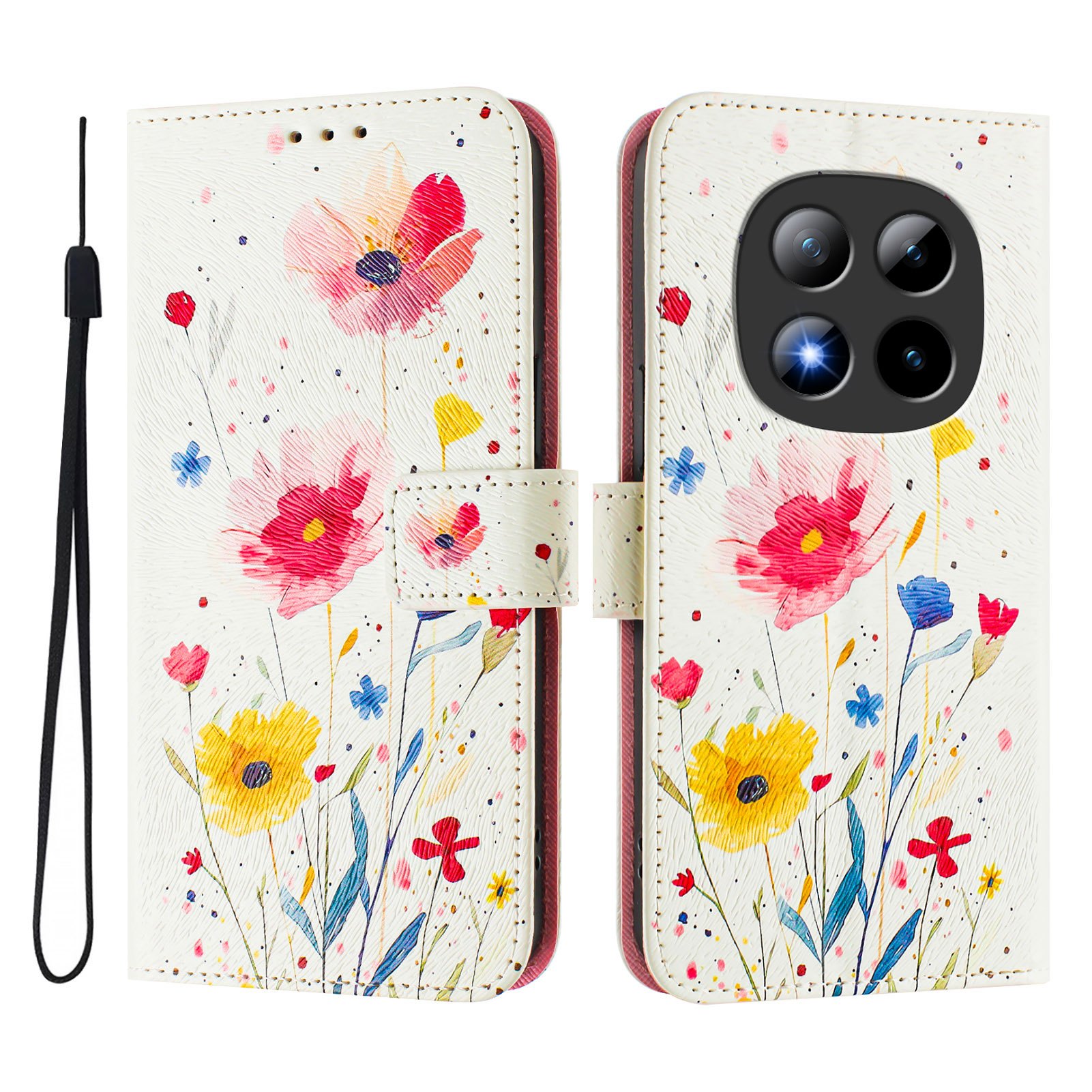 TEMU Phone Case - A Floral And Colorful Design Artificial Leather Phone Case, Creatively Stylish With A Wrist Strap, Practical And Multifunctional