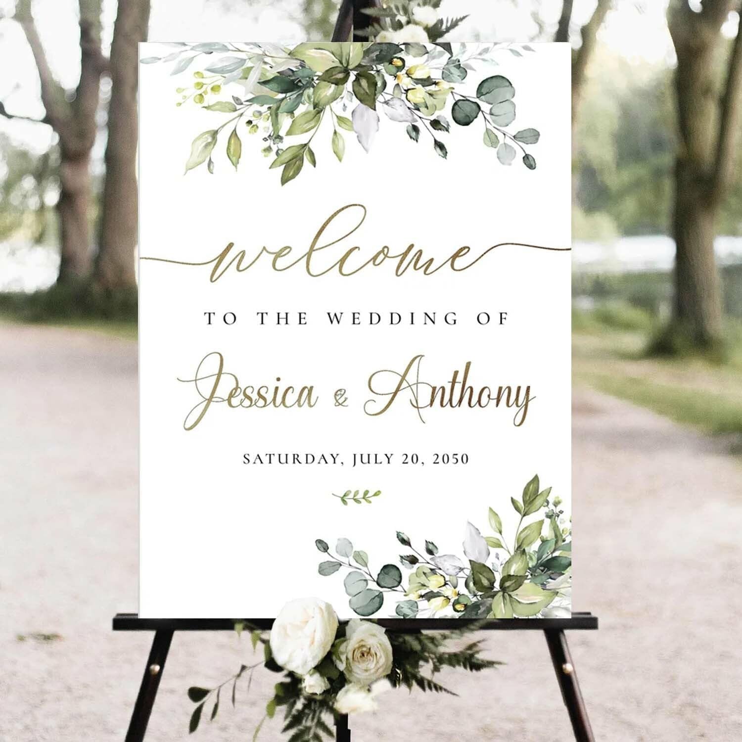 TEMU 2d Flat, 2d Flat, 2d Flat Welcome Canvas Print For Weddings Featuring A 2d Flat Green Plant Design, Eucalyptus Theme, Ideal For Wedding