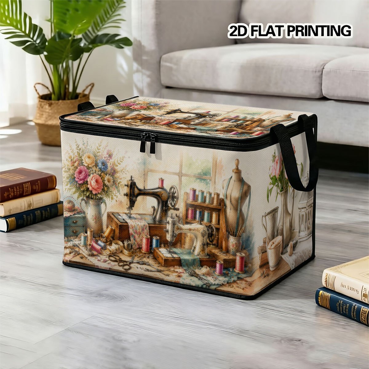 TEMU 1 pieza de de almacenamiento grande plegable con cremallera, regalo con 2D vintage floral y de costura, estilo de con estampado de cálidos, para