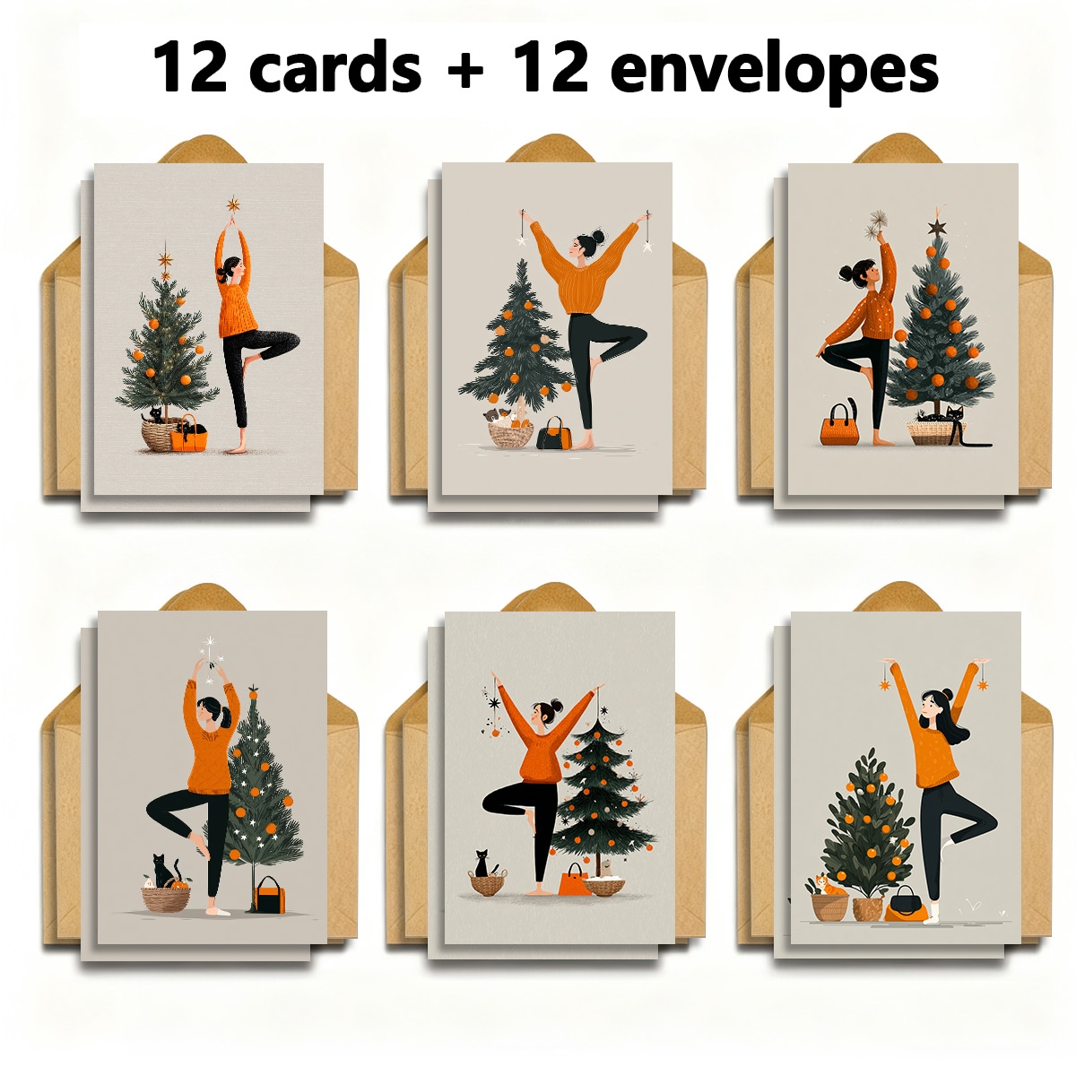 TEMU 1 Set/12 Stück/24 Stück Weihnachtskarten, Feiertagsgrußkarten mit Yoga--Figuren am . Gemusterte Karten mit Umschlägen, gefaltete Größe 9x13