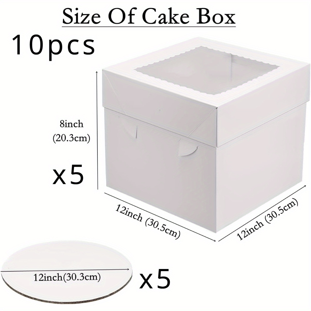 E-shop 10 Stk./5er Set 12-Zoll Kuchenboxen mit Böden (5 Boxen und 5 Böden), Weiße Bäckerei-Box mit Fenster, Große Backboxen, Quadratische Box für
