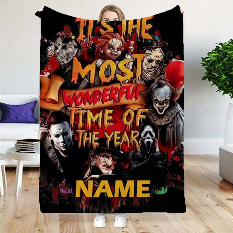 

Customizable Horror Movie Themed Flannel Throw Blanket, Soft Comforting Fleece, Style Anime Pattern, With Personalized Name, For All , Perfect Gift For Birthdays, Christmas