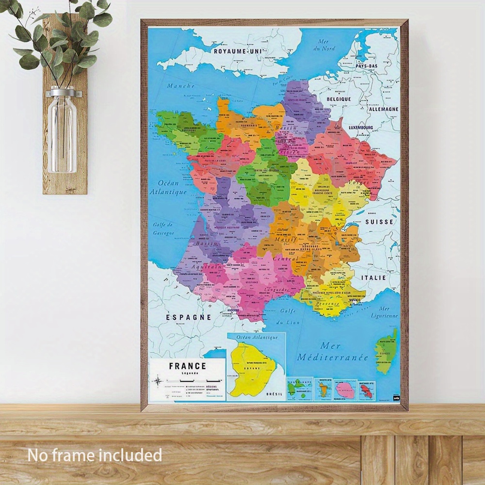TEMU 2d Flat, 2d Flat, 2d Flat 1pc 2d Canvas Painting | Map Of France: Colorful Presentation Of Administrative Divisions, Oil Painting, Poster, Wall