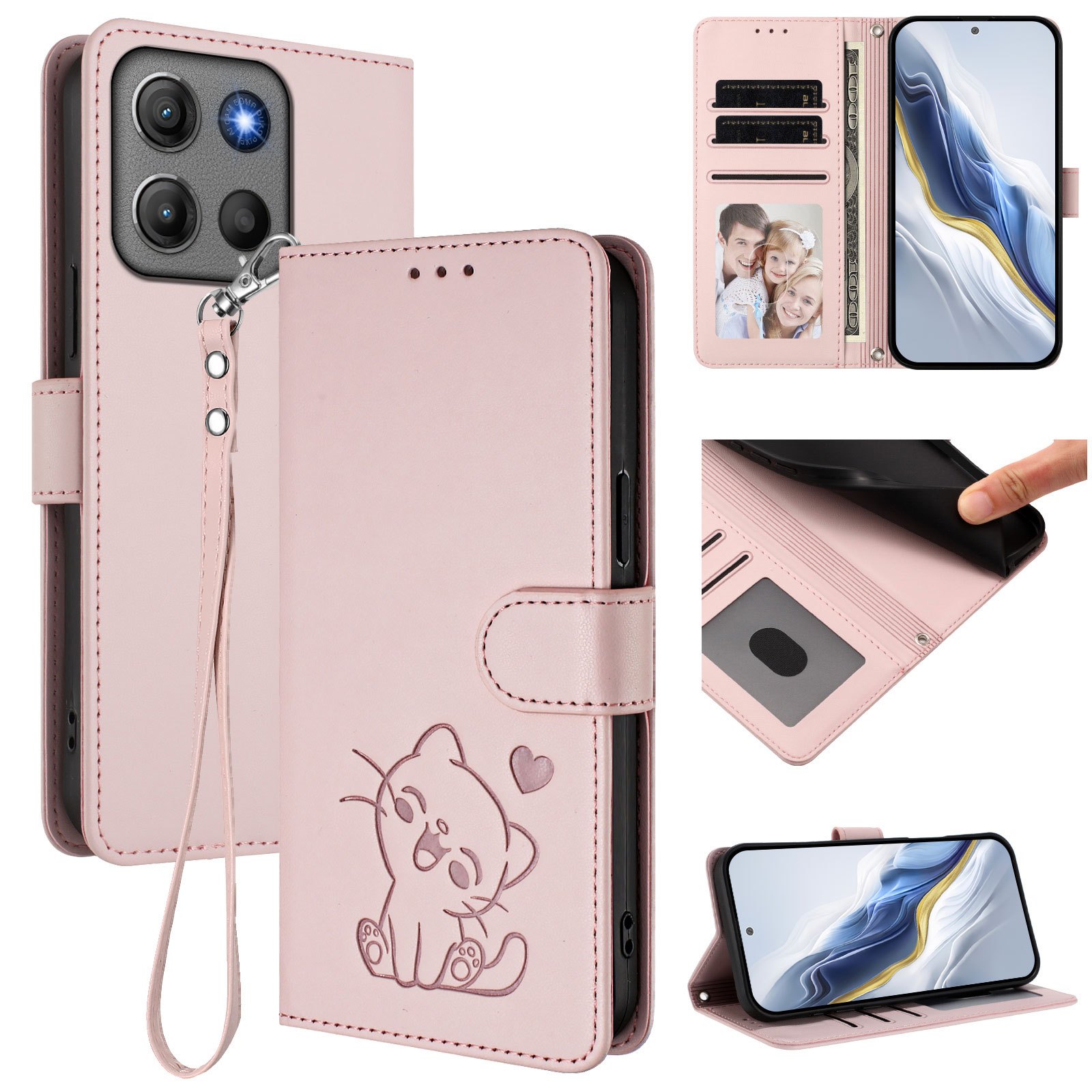 phone case wrist strap faux leather phone case for moto g17 4g g17 power 4g g15 g15 power cute kitten pattern protective cover with 3 card slots and 1   multifunctional card holder stand case shockproof cover suitable for men and women