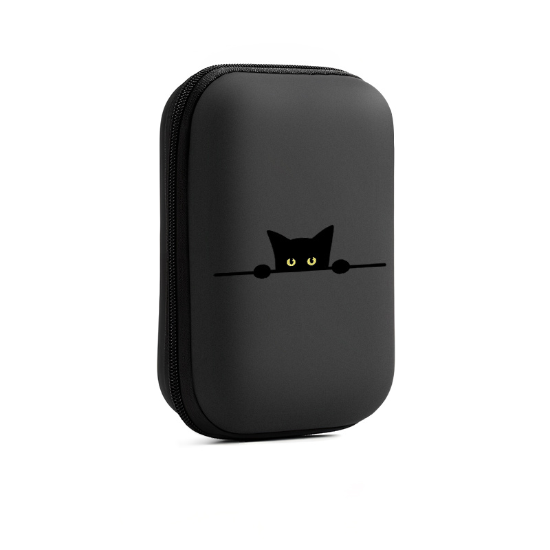 TEMU Peeking Black Catpattern Earphone Storage Bag Is A Must-have For ! Stylish Matte Black Headphone Storage Bag. Eva Earphone/data Cable/charger