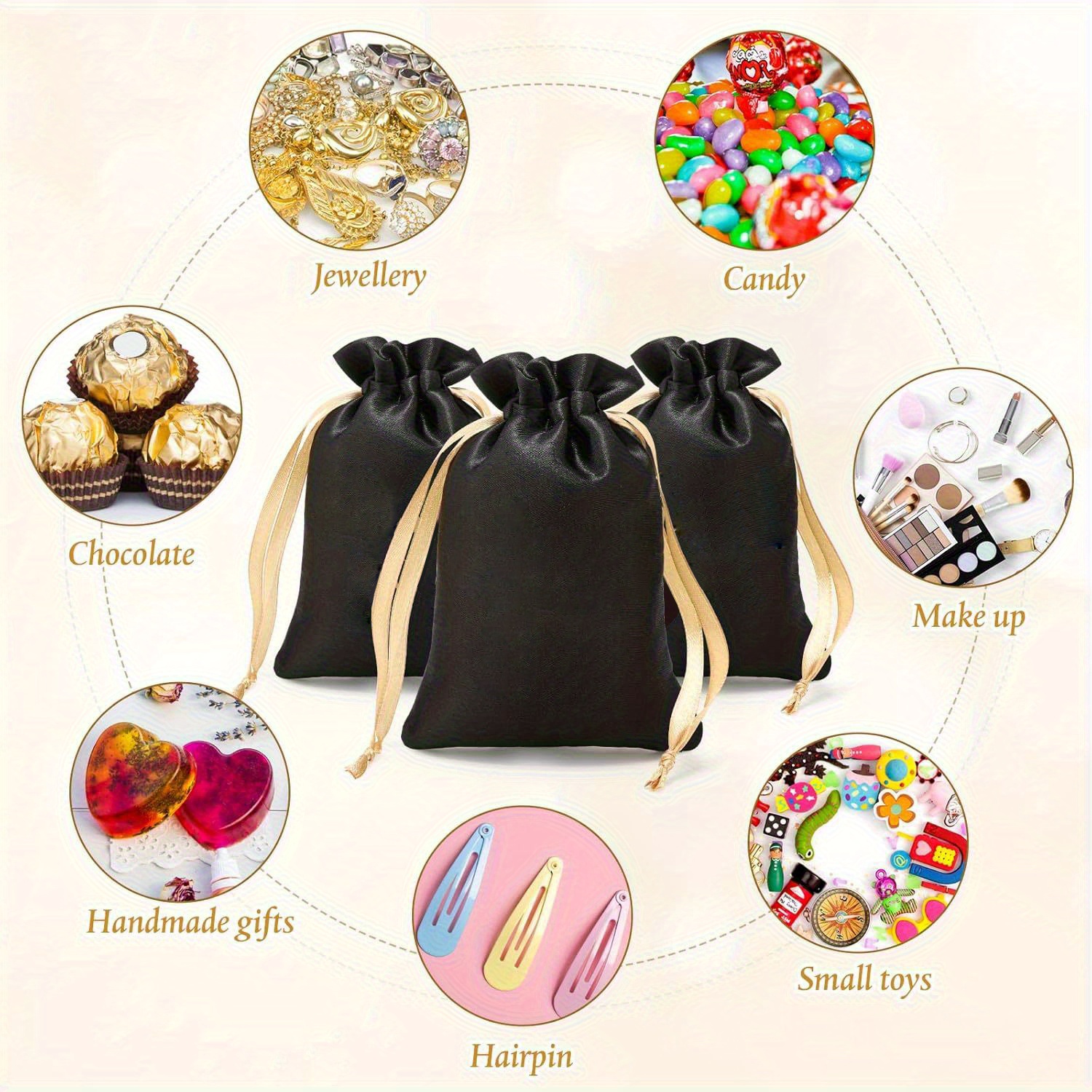 Black Satin Gift Bags, Drawstring Jewelry Candy Pouches