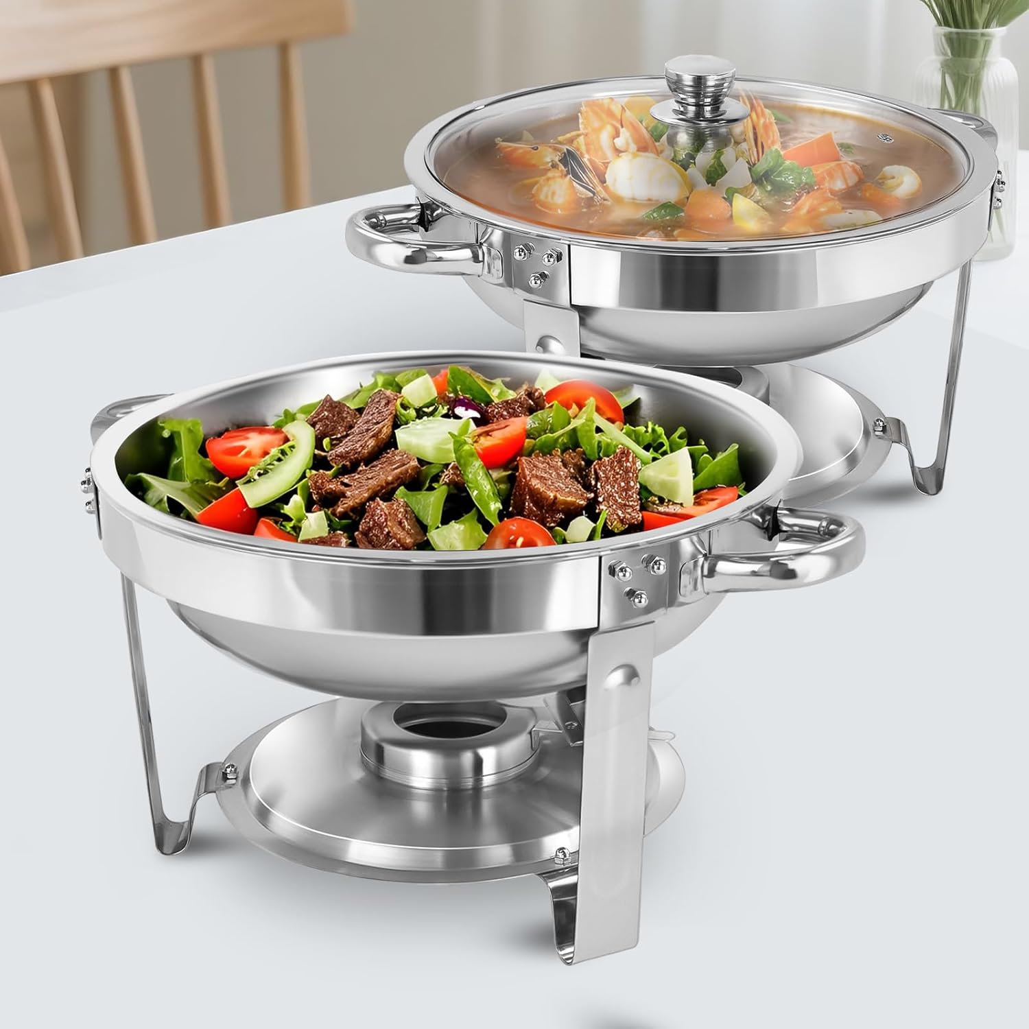 TEMU 5qt Heavy Duty Stainless Steel Chafing Dish Set With Glass Lid & Holder - 1/2 Pack Round Food Warmers With Elegant Polish (for Cooking ) ( For