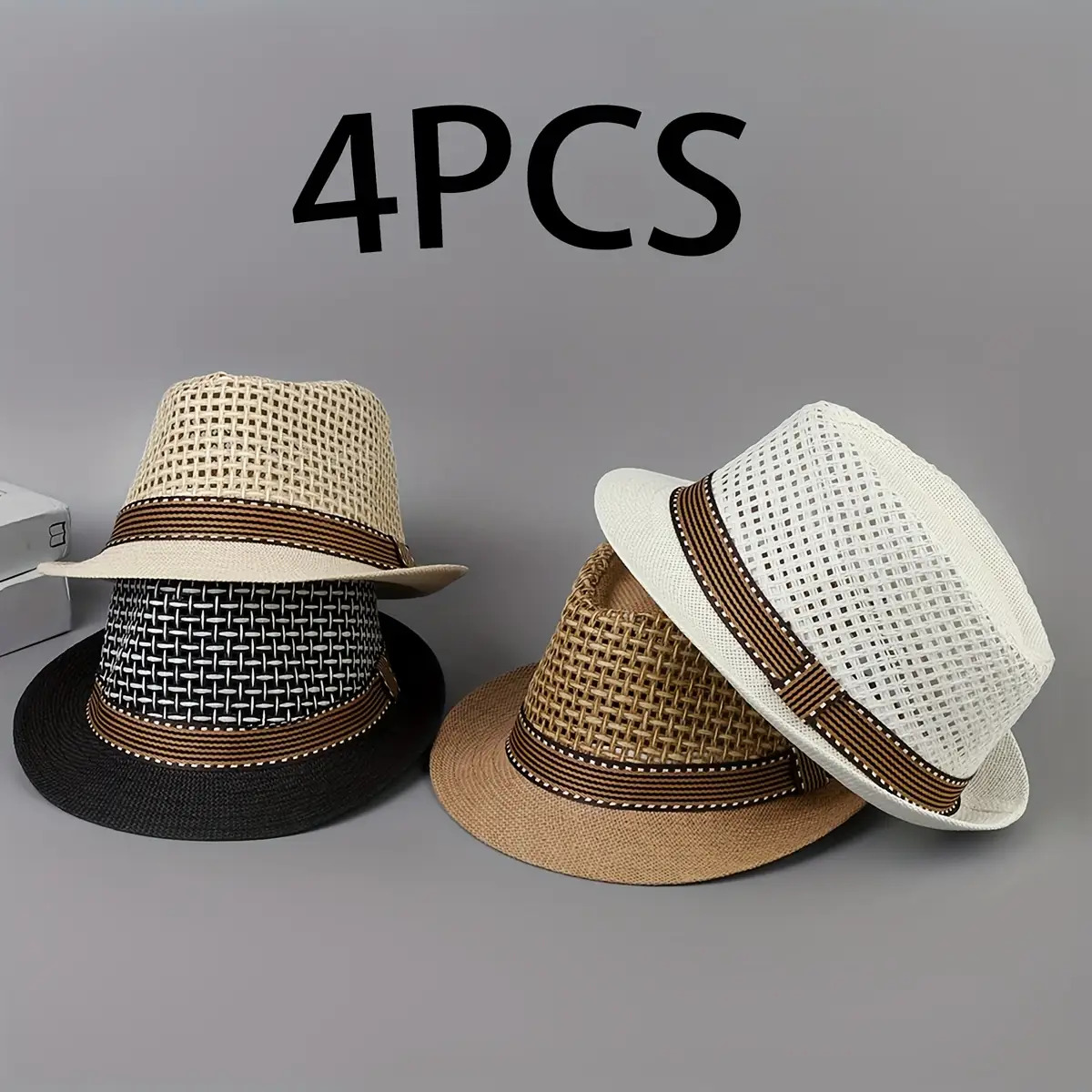 TEMU A Set Of 4pcs Unisex Breathable Mesh Straw Hats, Suitable For Spring And Summer, Featuring Zipper Design, Ideal For , Casual And Travels