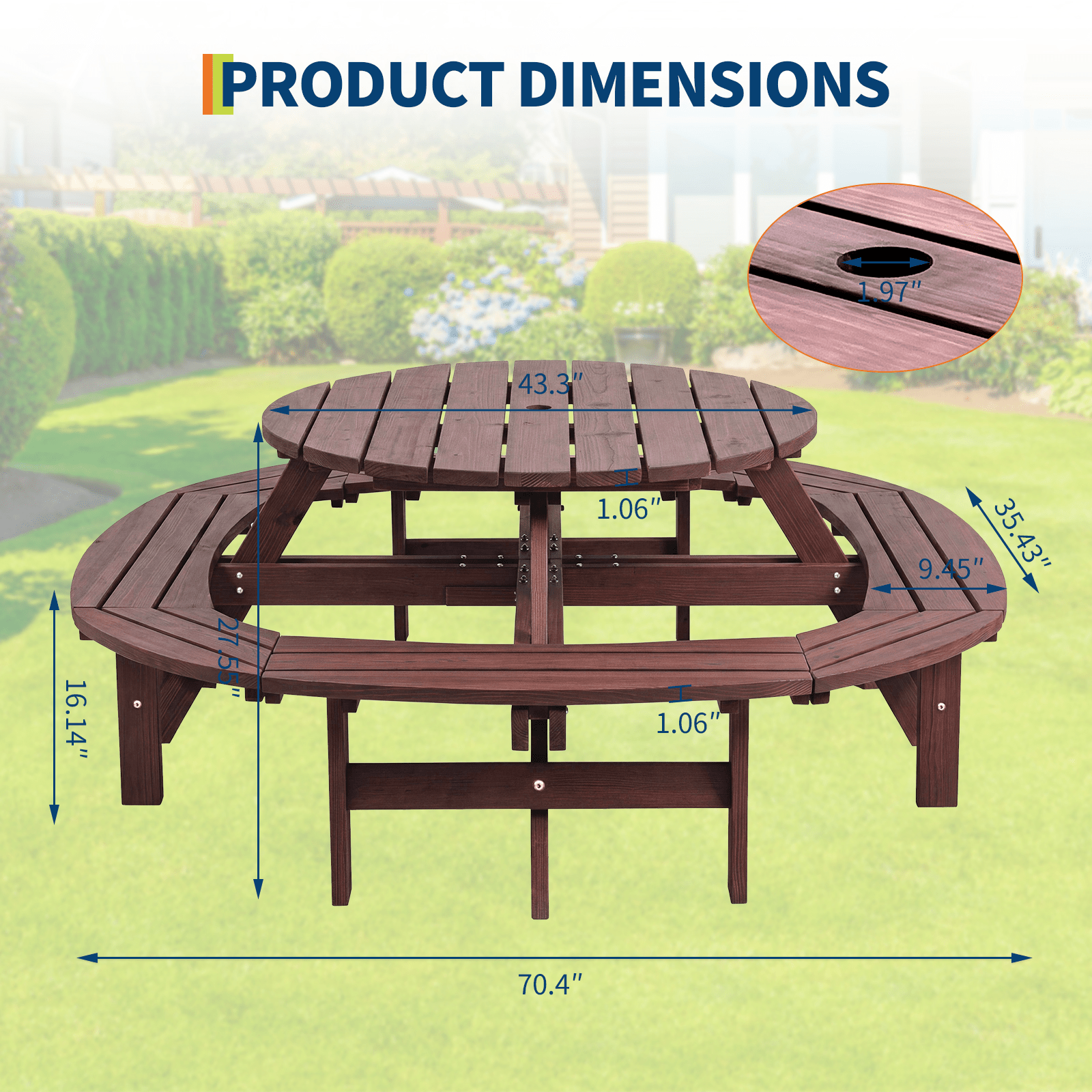 8-Person Round Wooden Picnic Table with Umbrella Hole, Wood Outdoor Dining Set with 4 Built-In Benches for Garden, Patio And Backyard