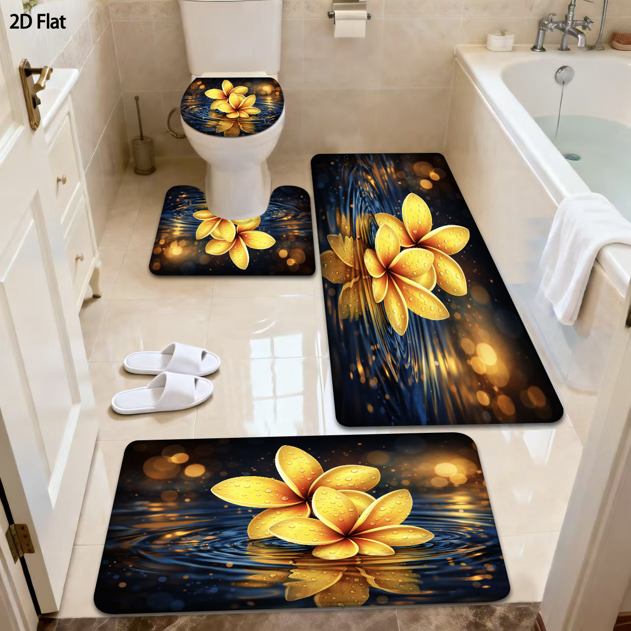 TEMU 2d Flat 3/4pcs Bathroom Anti-slip Mat Set, Frangipani , Home Decor Shower Room Entrance Absorbent Floor Mat, Household Soft Thickened