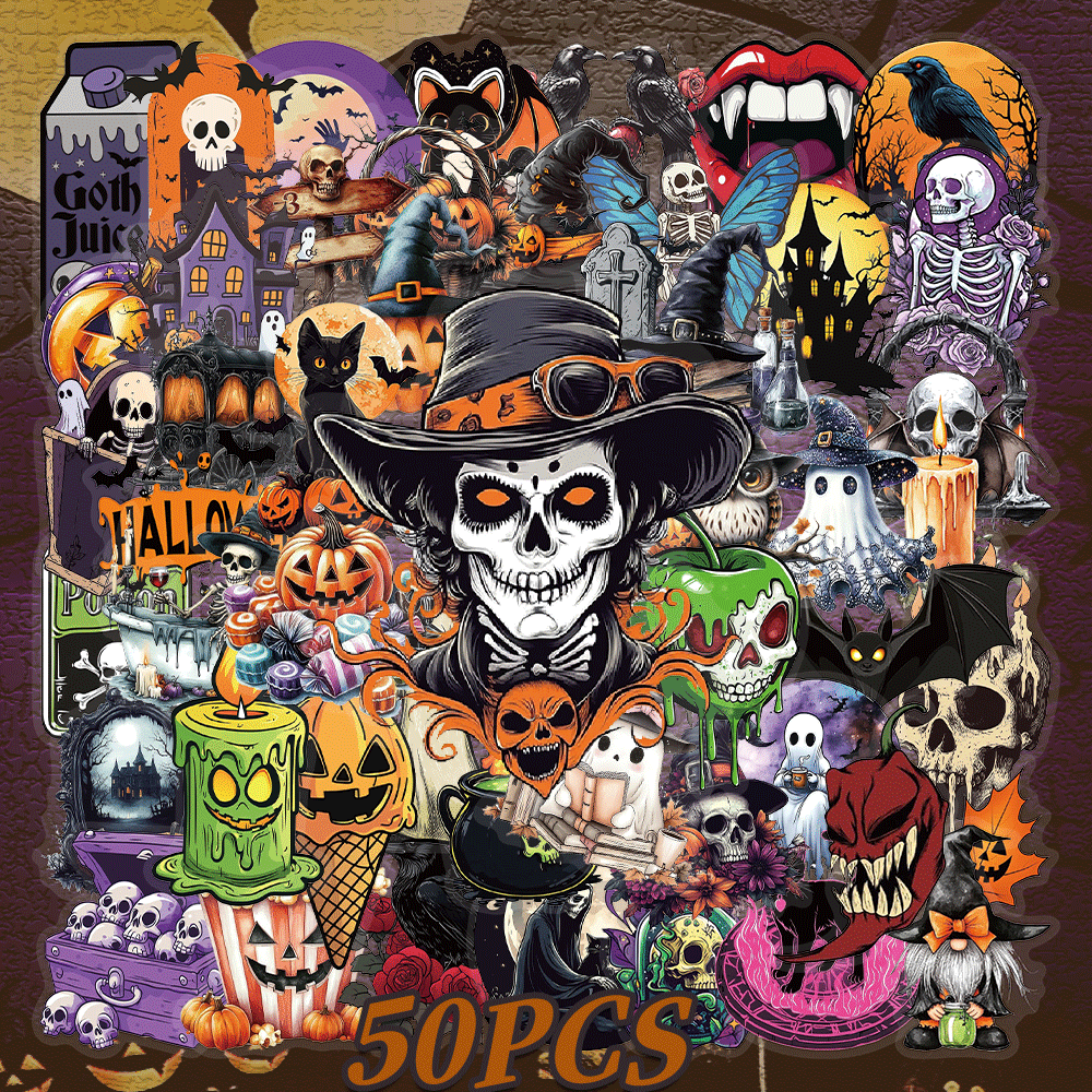 Image of Winter Halloween 50 Sheets Halloween Horror , , , Vampires, Pumpkins, Ghosts And Other Halloween Atmosphere Decorative Stickers Halloween Gift, Suitable As Graduation Season Back-to- Gift