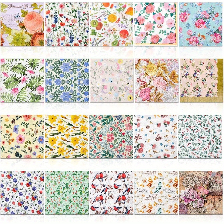 Image of Set Of 20 Assorted Floral Napkins For Decoupage, Featuring Beautiful Flower Designs Suitable For Cocktail Parties, Each Measuring 6.5 Inches In Size, With 20 Different Styles For Halloween、christmas