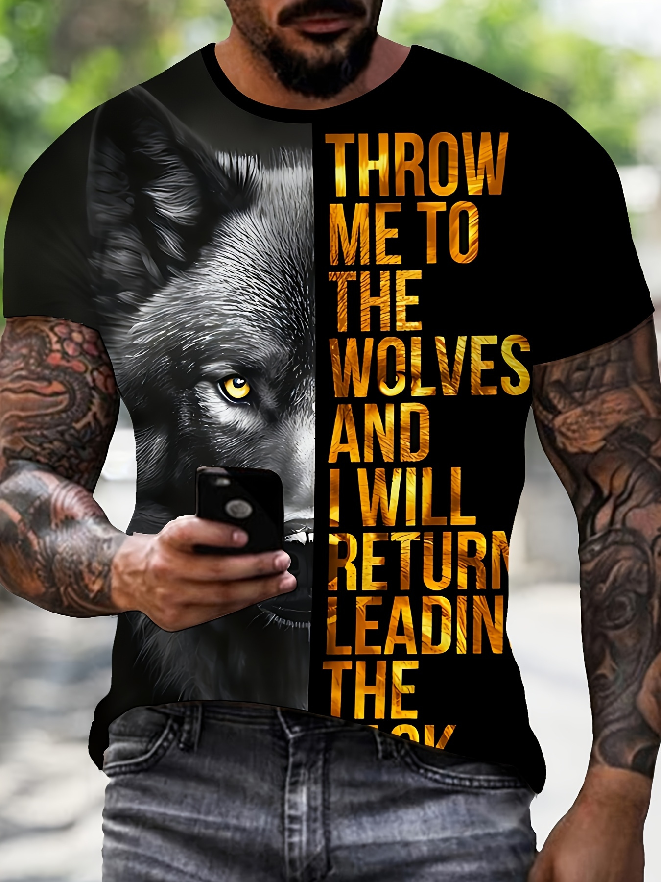 mens 3d wolf throw me to the wolves letter print t shirt short sleeve crew neck polyester blend   wolf graphic with glowing eyes motivational quote casual sports wear machine washable statement   outfit streetwear fashion urban style lightweight tee breathable fabric printed shirt streetwear lovers fitness enthusiasts black 0