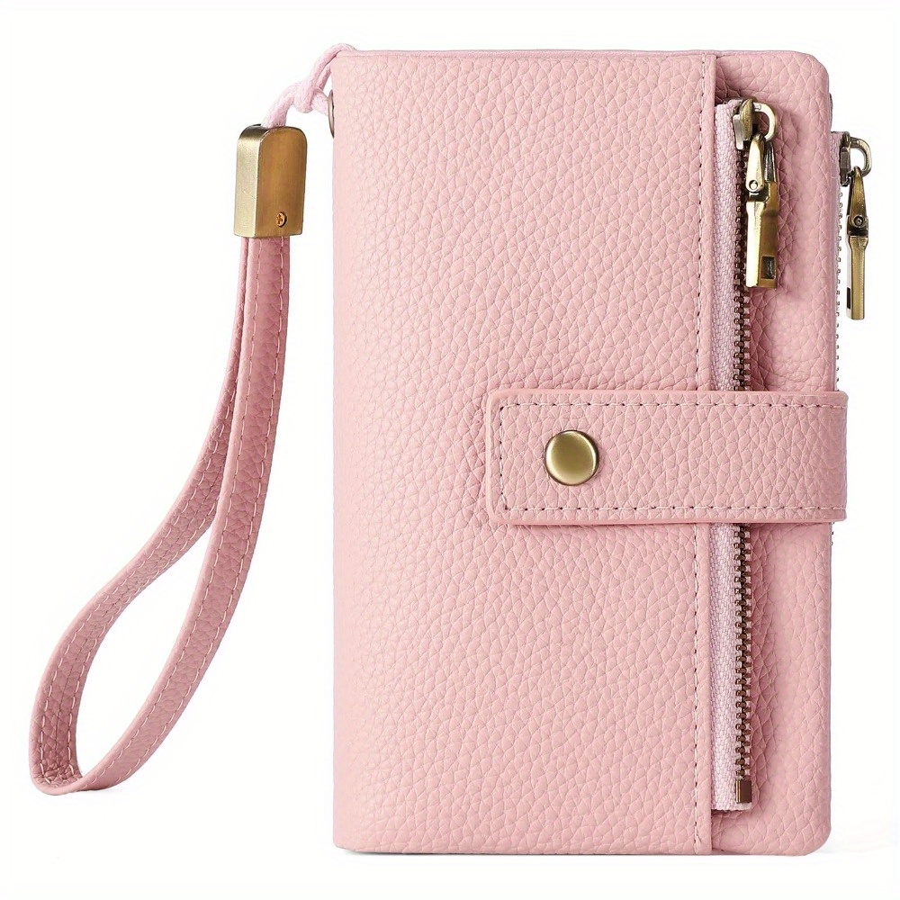 Women's Leather Strap Wallet - Detachable Rfid Blocking Wristlet With 17 Card Slots, Solid Color Double Zipper Organizer For Travel/gift