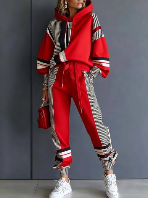 womens fall winter hoodie set color block casual sweatshirt pants 2pcs
