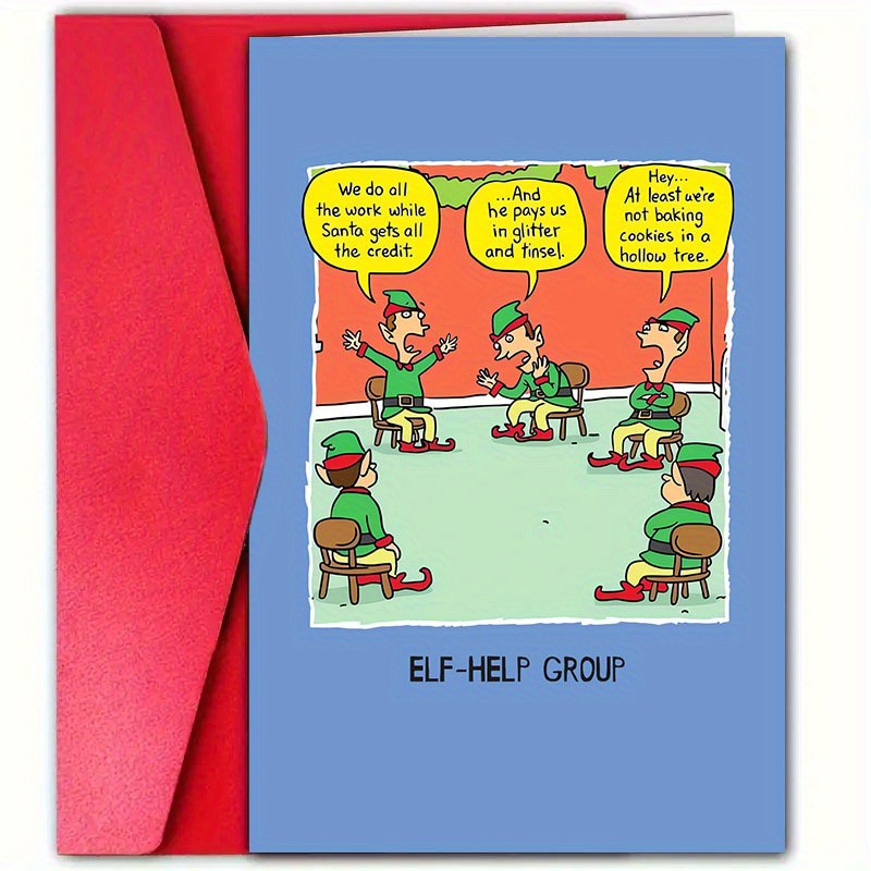 

1pc Christmas Elf Group Greeting Card, Humorous For Colleagues , Paper Material, With Envelope, For Christmas And Seasonal Celebrations, Christmas Gifts