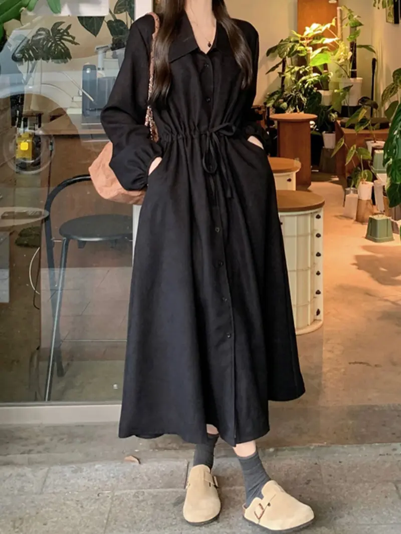 woman korean long dress loose Loose plus-size dress for women, Japanese and Korean style, cotton-linen, round-neck, pullover, solid color, over-the-knee long skirt with a large hem