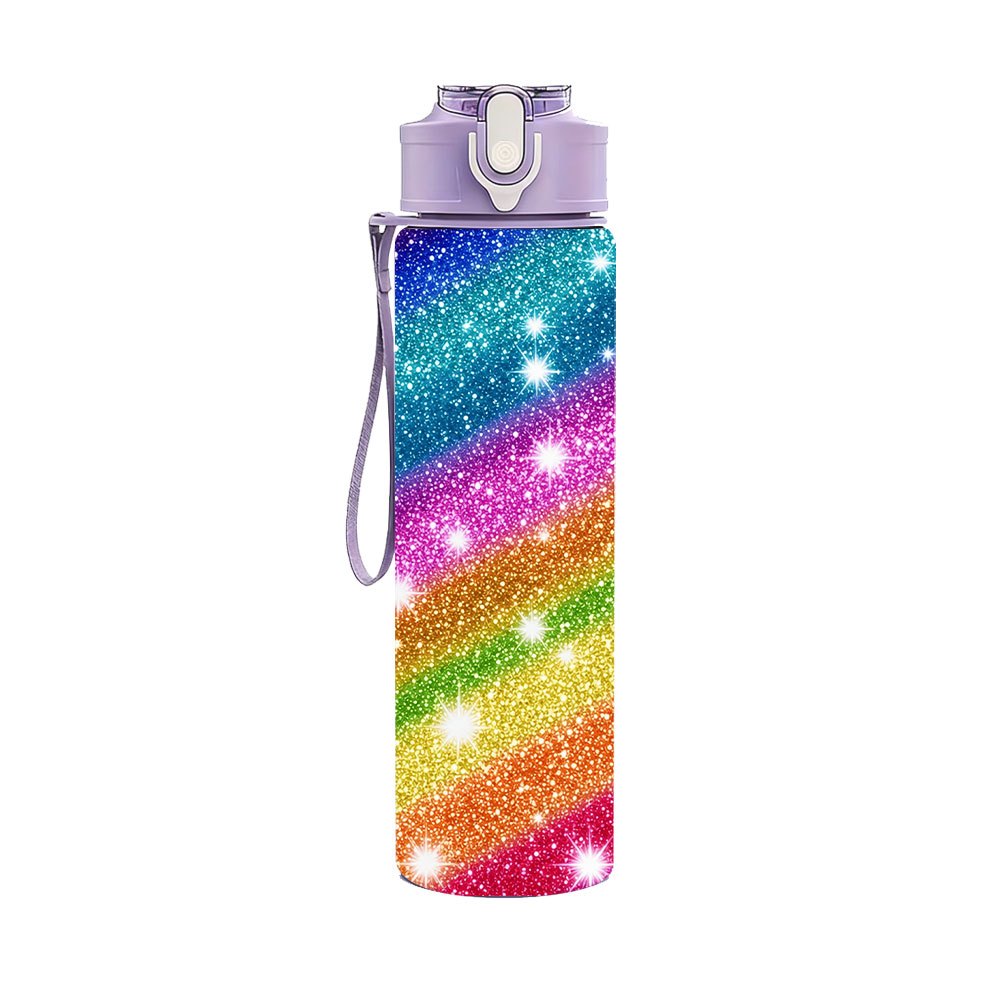 TEMU 1pc, Iridescent Starlight Glitter Pattern, 750ml/26oz, Colorful Plastic Sports Water Bottle, Tumbler, Cute Print, Leak-proof With Pop-up Lid,