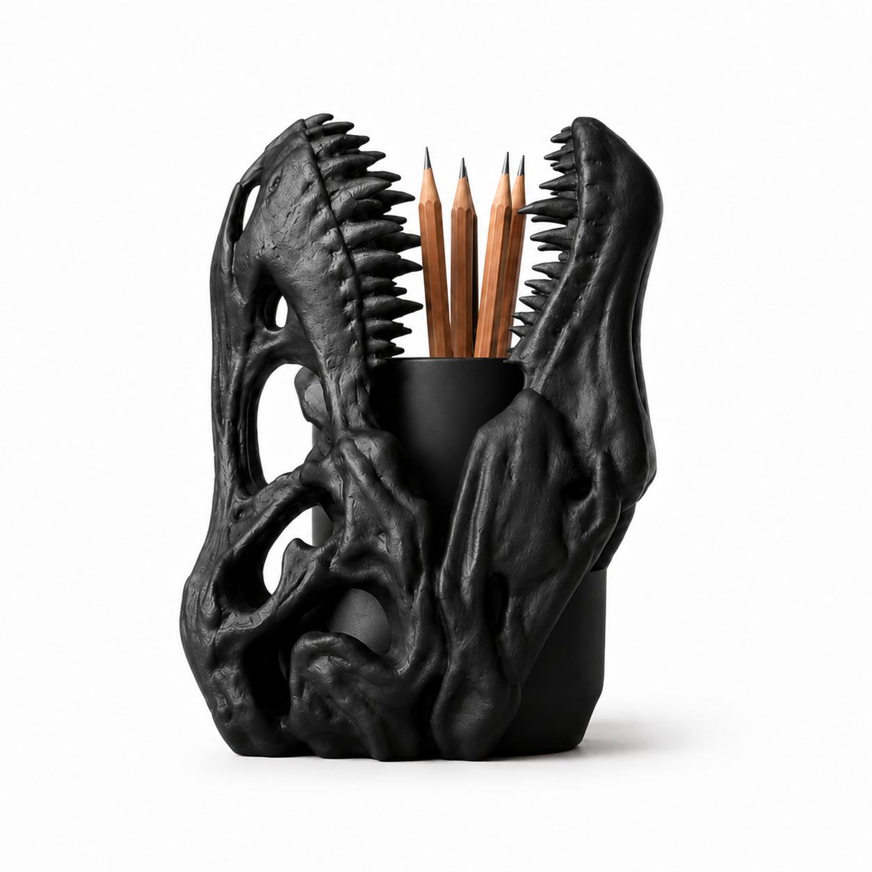 Image of Pen And Pencil Holder - White And Black - Dual Position Dinosaur Desk Organizer For Home Office, Novelty Stationery Storage Gift For Dinosaur Lovers