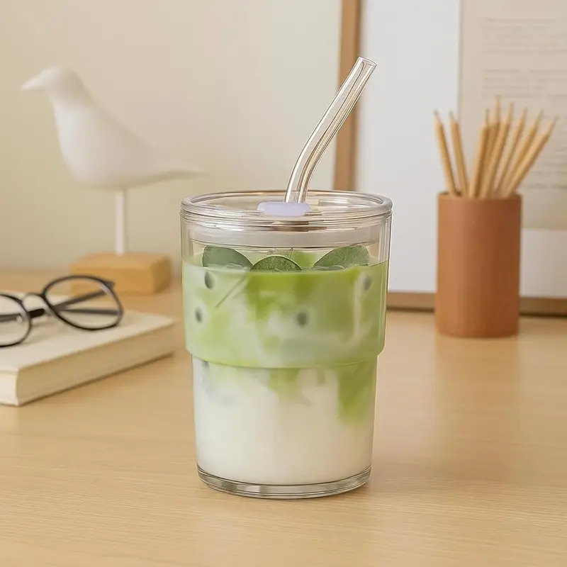 4pcs 13oz glass tumbler with straw lid reusable iced coffee cups matcha smoothies water glasses clear hand wash only cold drinks beverage glassware modern glassware durable glass Product details 3