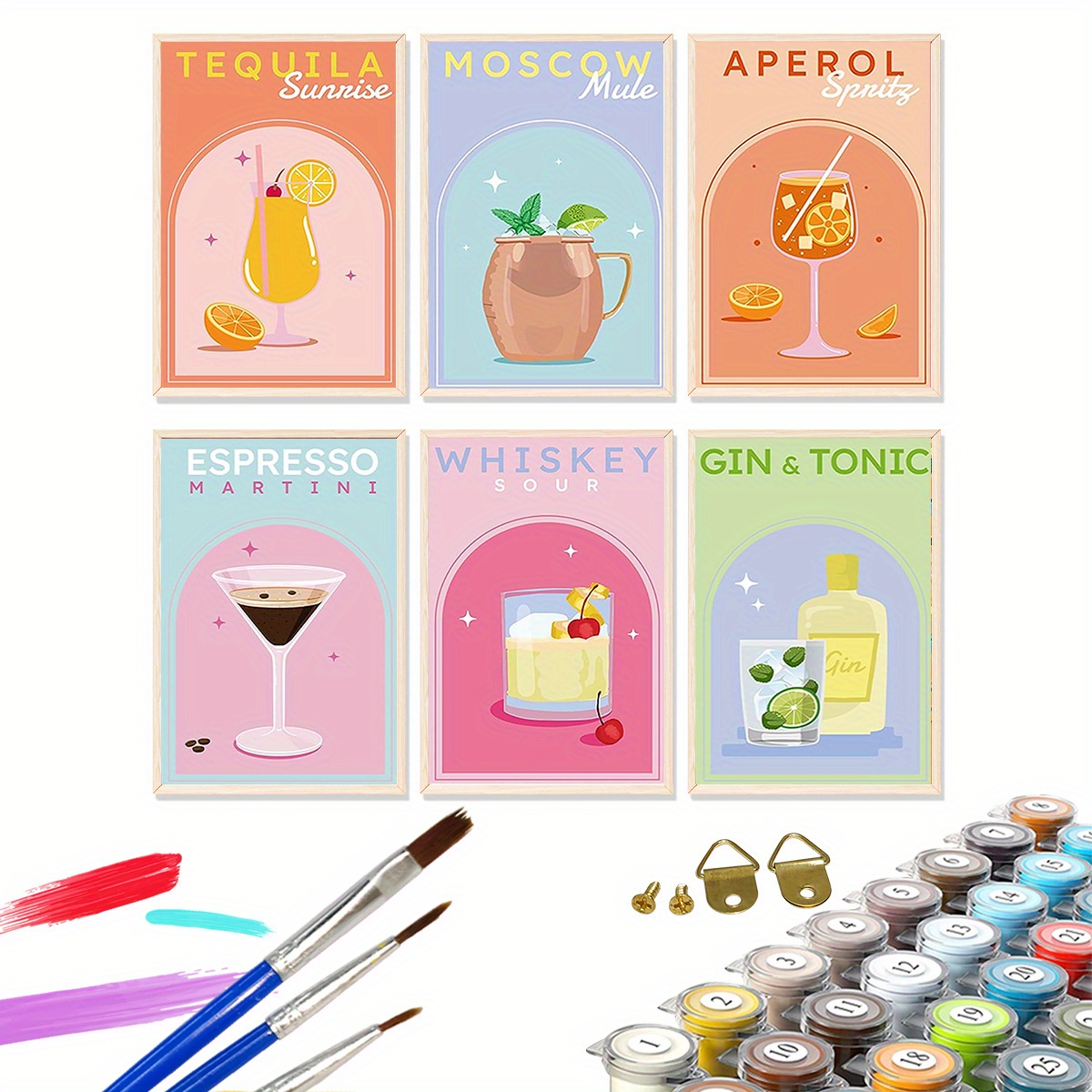 Infreecs 6er Set Malen Nach Zahlen Cocktail - DIY Gemälde 30x20 Cm Mit 9 Pinseln