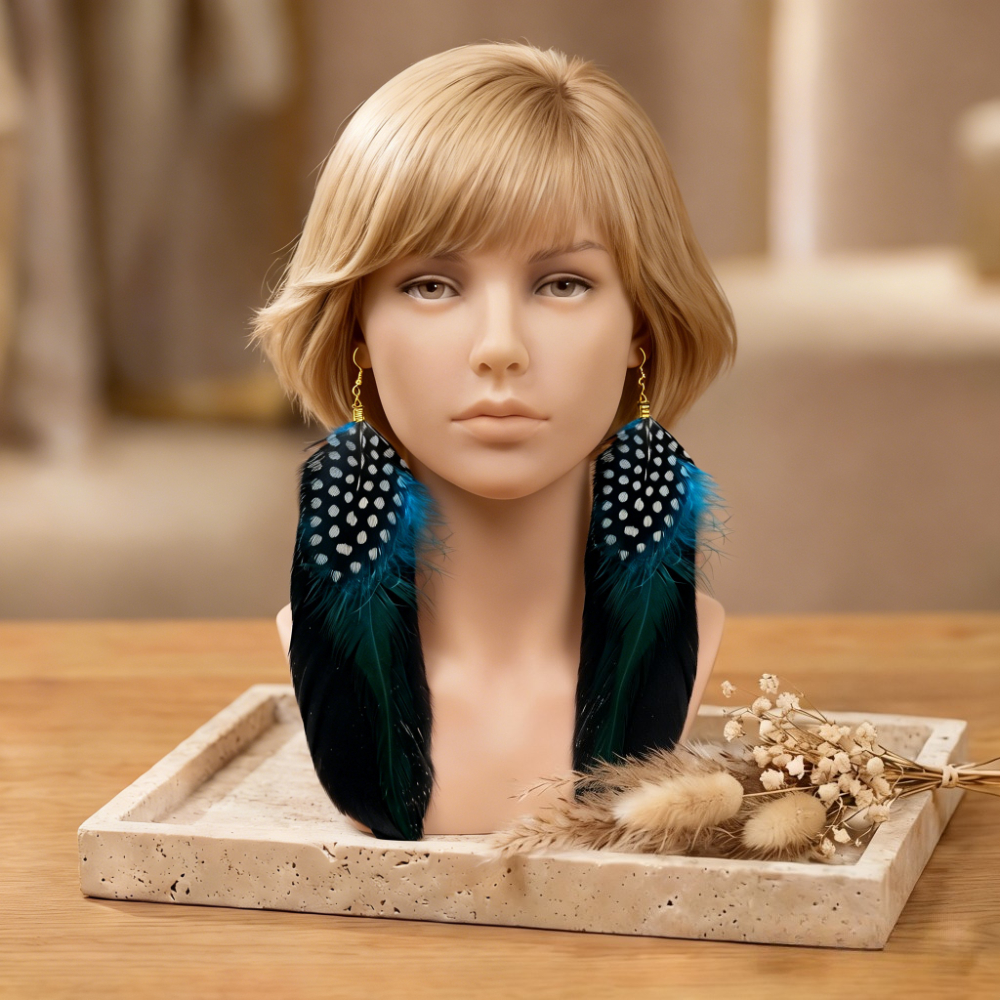 TEMU A Pair Of Elegant And Long Drop Earrings With A Metal Base That A Silhouette. Multiple Artificial Feathers Hang Down, Showcasing A Gradient Of