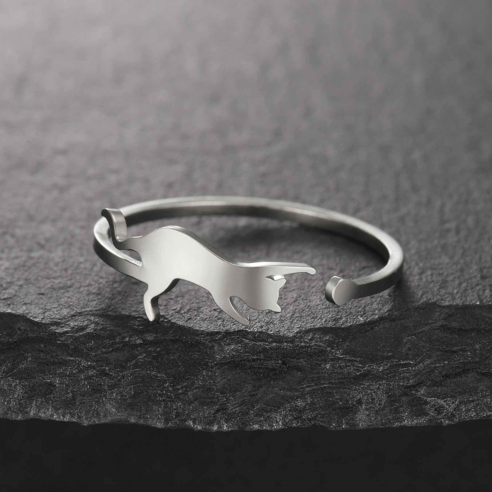 Cat Design Adjustable Stainless Steel Ring, Casual Style
