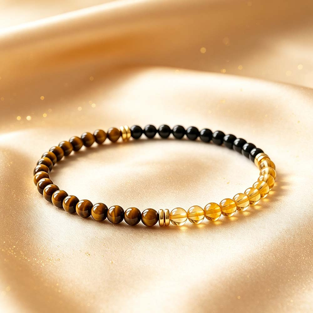 Natural Tiger Eye & Citrine Round Bead Bracelet, Prosperity Theme
