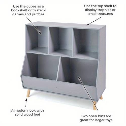 s 5bin wood toy storage organizer and bookshelf with feet 7 4 cu ft gray