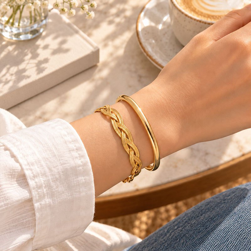 2pc Women's Stainless Steel Braided & Solid Bracelet Set