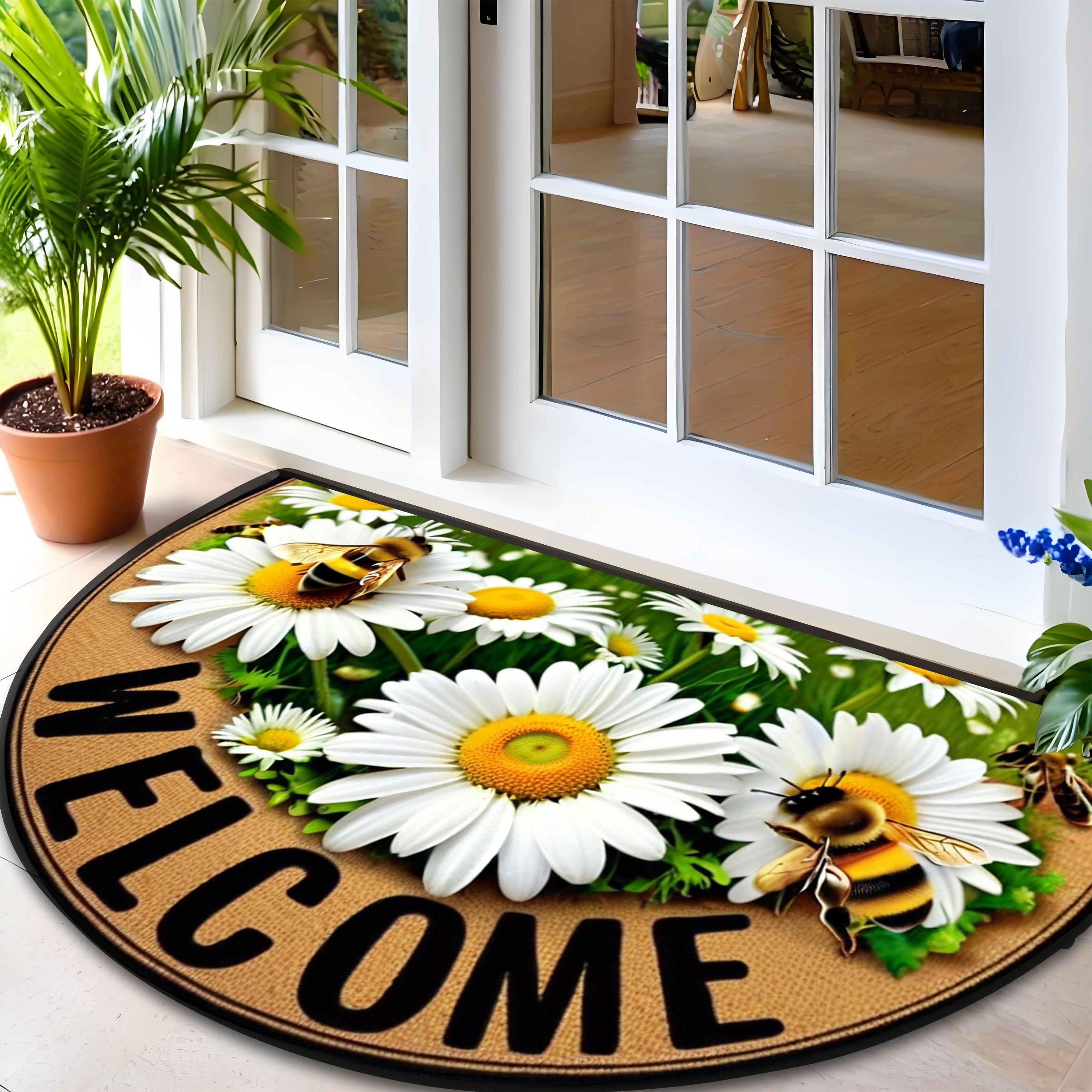 

Bee & Floral - Non-slip, Semi- Door Mat For Farmhouse/patio/laundry/kitchen Decor - Accent With Daisy & , Multiple Sizes , Bee Decor