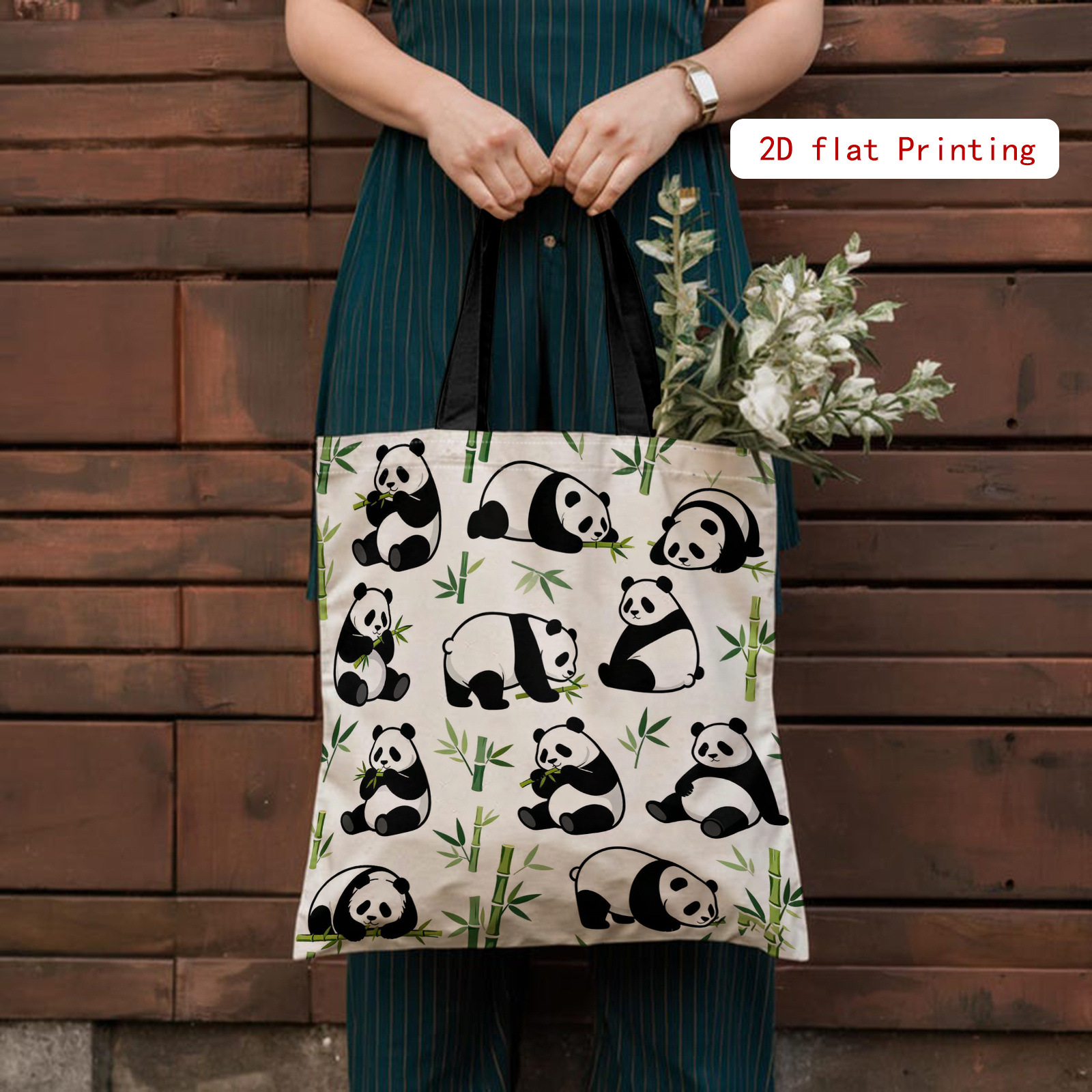 TEMU Women's Cute Panda Print Tote Bag - Large Capacity Retro Beige & Laptop-friendly Handbag, Durable Reusable Shopping Bag With Fixed Strap, Gift