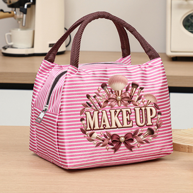 TEMU [women's Handbag] Bow Makeup Brush Printed Striped Women's Handbag, Gentle Contrast With Aura, Woven Handle Soft And Light, Smooth Metal Zipper