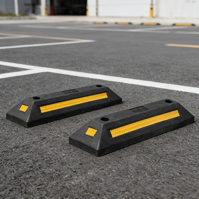 Image of A Durable Yellow Striped Parking Barrier, Designed For Vehicle Positioning, Ideal For Cars, Trucks, And Outdoor Environments