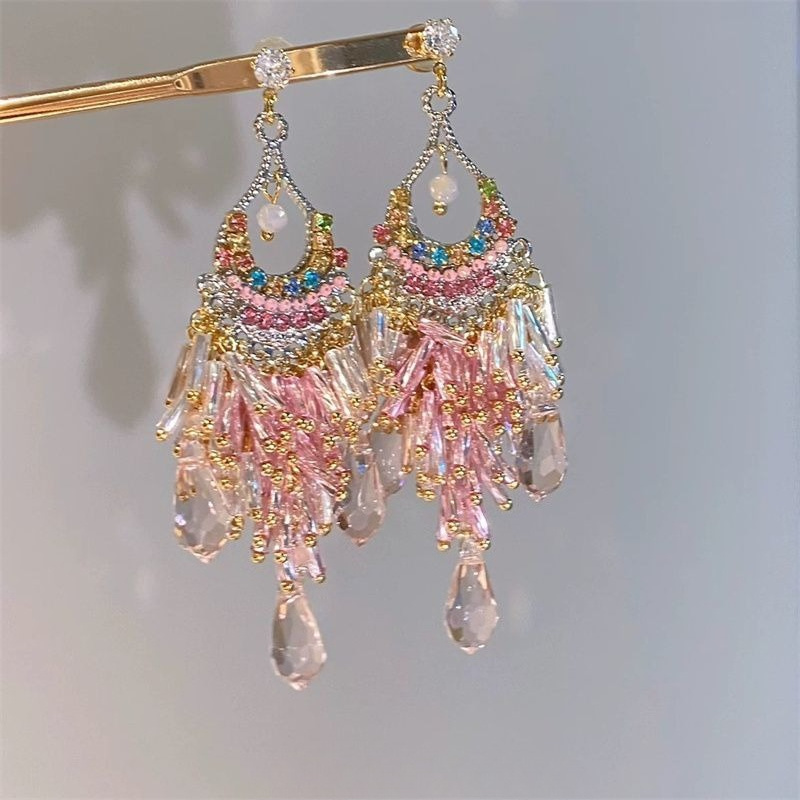 TEMU Women's Bohemian Zirconia Earrings - Kc Golden Plated Laminated Tassel Earrings, Vintage Bohemian Pendant Jewelry For Parties, Weddings And