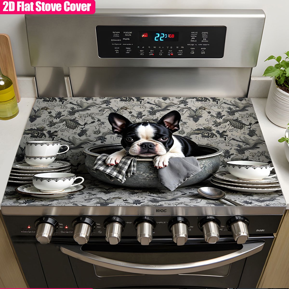 TEMU 1pc Dienalls Electric Stove Top Cover With Cute French Bulldog & Metal Bowl Design - Heat-resistant, -slip -like Surface Replacement Panel For