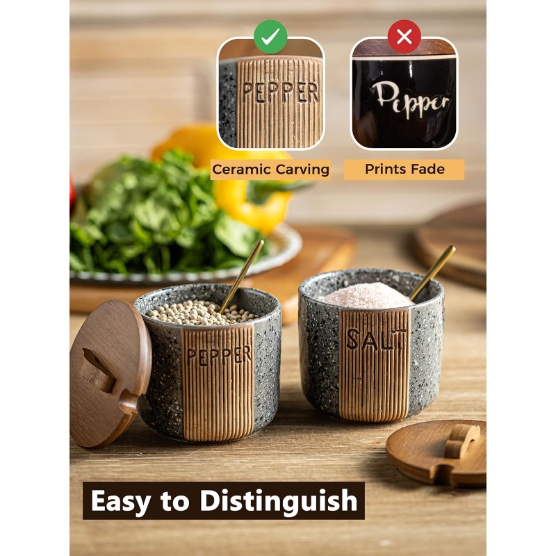 ceramic salt and pepper bowl set with marble like gray wood lid 10oz salt shaker container pepper grinder holder dishwasher rustic countertop organizer with spoons compatible with salt pepper cellar Product details 5