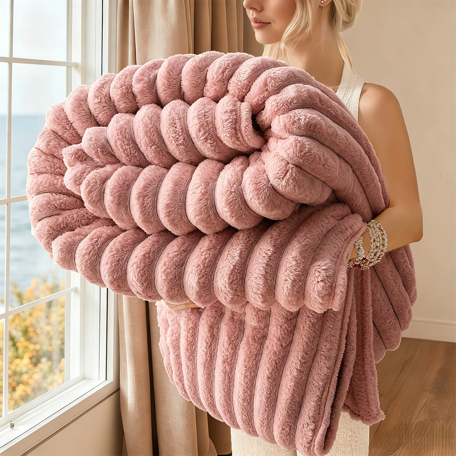 Soft Faux Rabbit Fur Children's Blanket, Stylish Striped Design