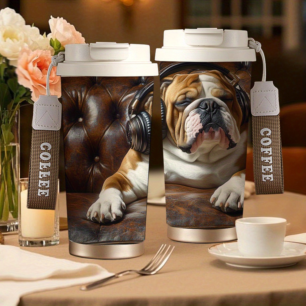 TEMU 1pc 18oz Bulldog Leak-proof Coffee Mug, 18oz, Steel, Elegant Print, Ideal For Work, Travel, And Boost, Travel Coffee Mug | Elegant Mug | Durable