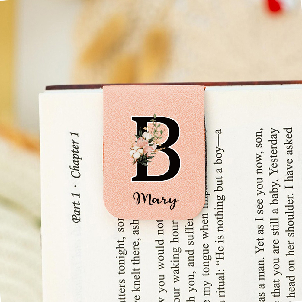 TEMU 1pc Fashionable Floral Letter Design Bookmark, Customized Pu Leather Bookmark, Personalized Magnetic Bookmark, Book Friend Birthday Gift, Book