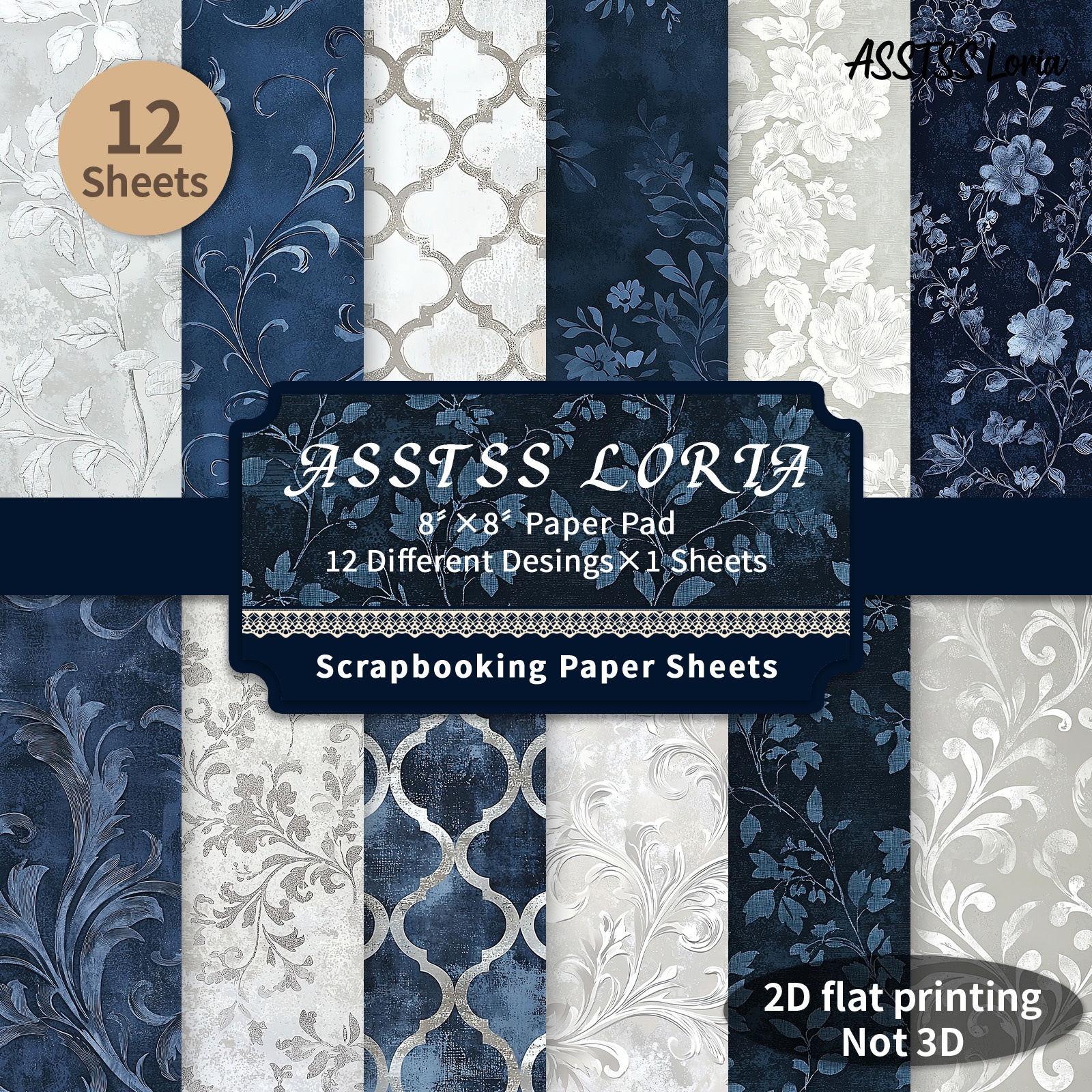 TEMU Bloc de papier de scrapbooking ASSTSS 12 feuilles 8*8 pouces, Fournitures de papier de support plat/2D à fleurs bleu marine et argentées, Papier